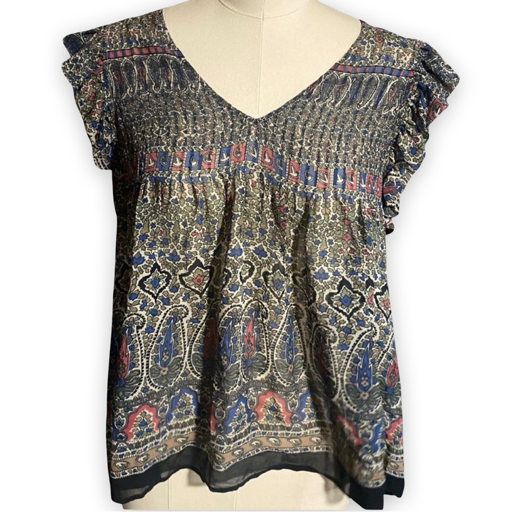 100% Silk Semi-Sheer Pattern Top w/ Ruffle Sleeves & Pleats